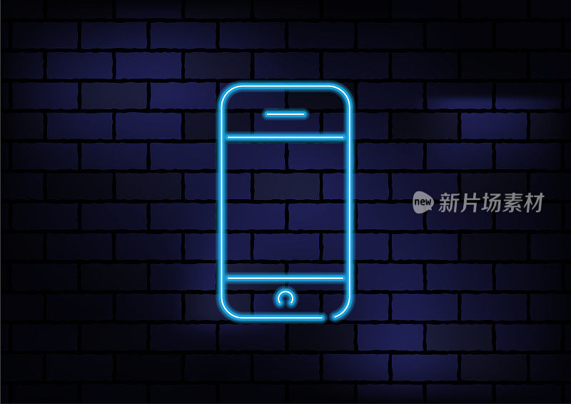 Mobile Phone Blue Neon Light On Dark Brick Wall.